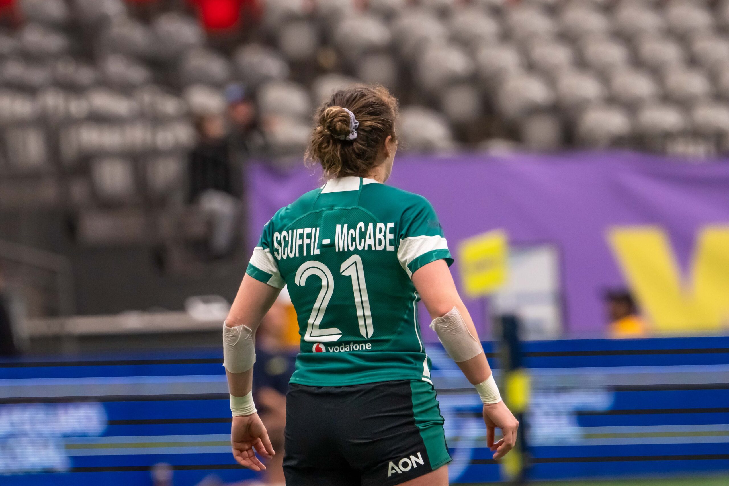 Back view of Ireland rugby player Scuffil McCabe wearing jersey number 21.