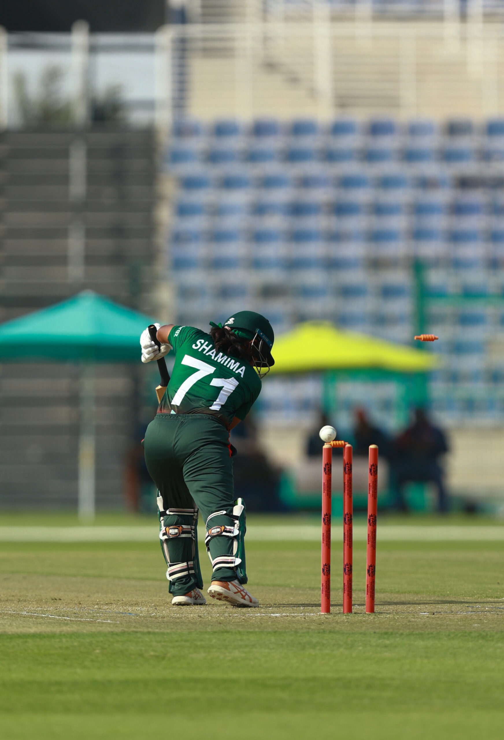 Bangladesh cricketer Shamima (No. 71) batting during an international women's cricket series in Dubai, UAE